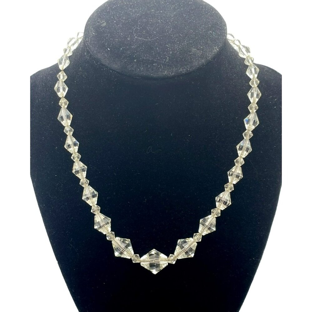 Vintage Faceted Crystal Art Deco Sterling Silver Graduated Bead Necklace 16" - Picture 9 of 9